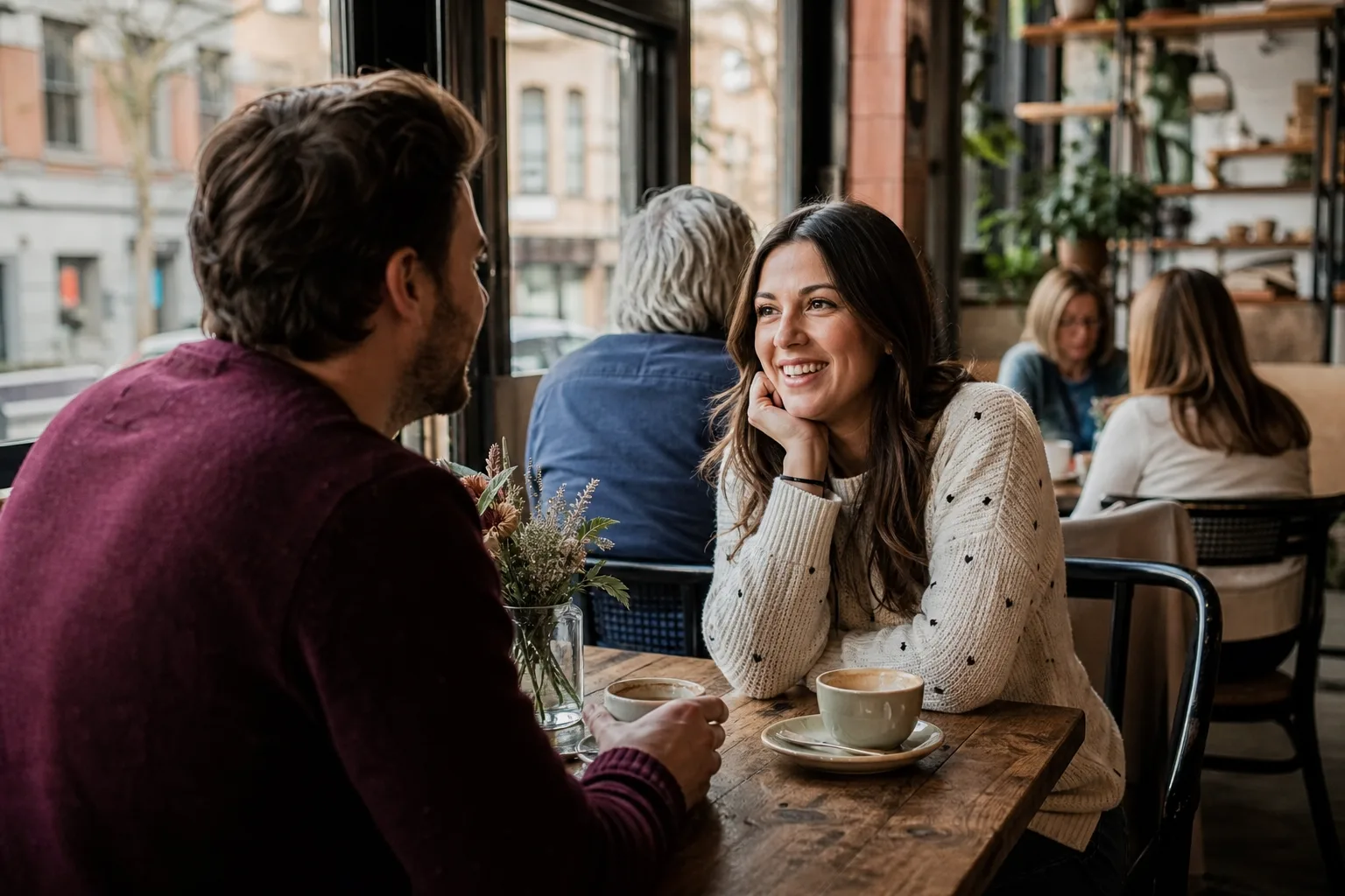 Two people talking over coffee in Chelmsford city centre