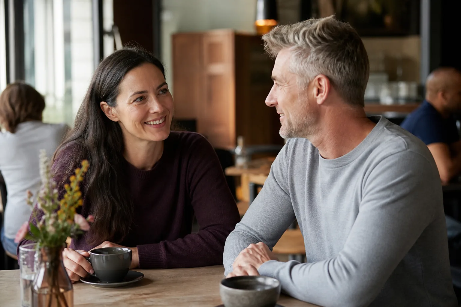 Two Essex singles talking over coffee at an independent café