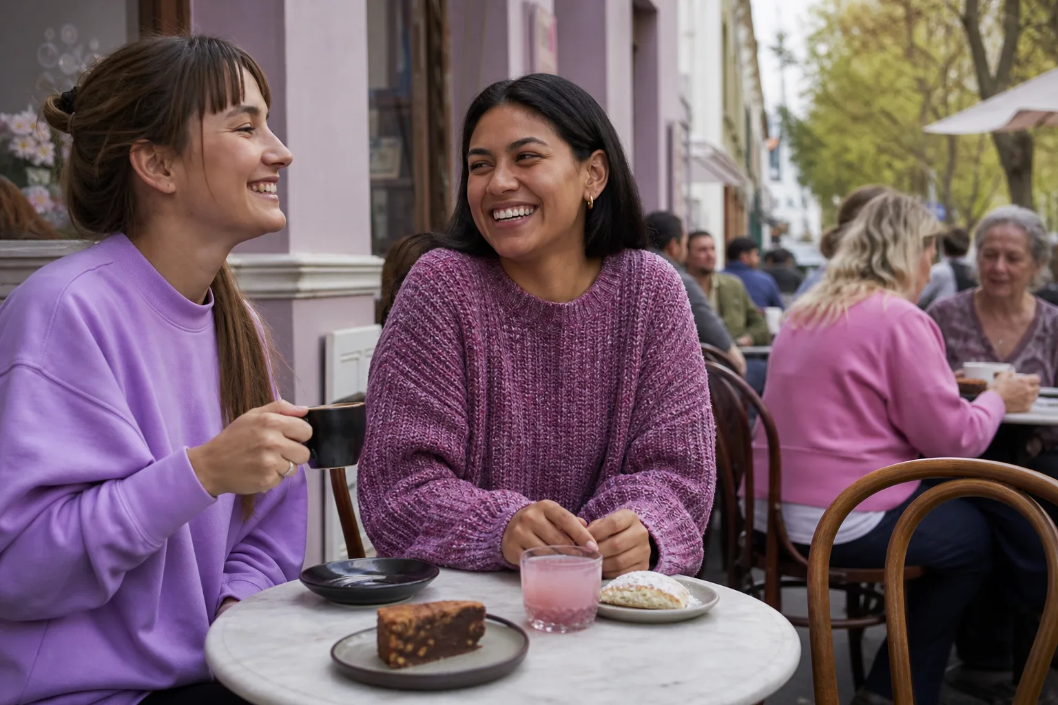 Two people chatting over coffee at a café in Essex