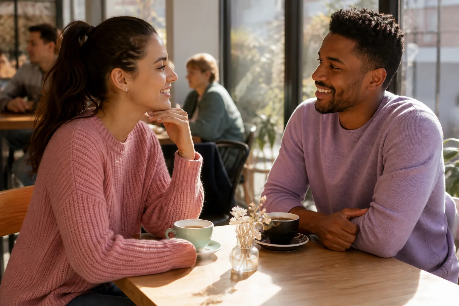 Two people talking over coffee in Romford town centre