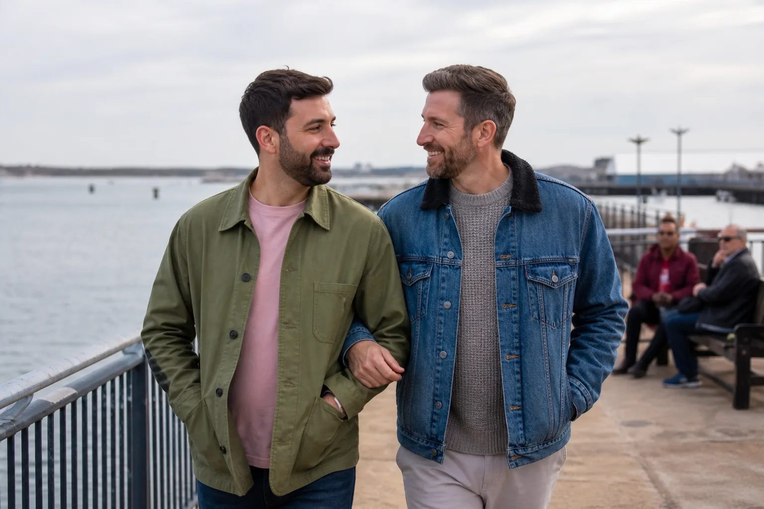 Two men talking together beside the seafront in Southend-on-Sea