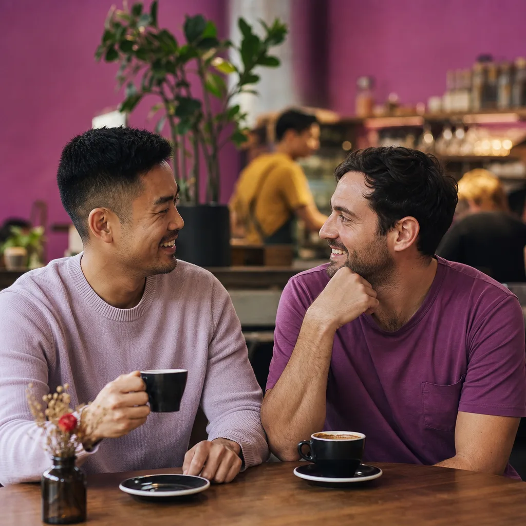 Gay couple walking together through Central Park in Chelmsford