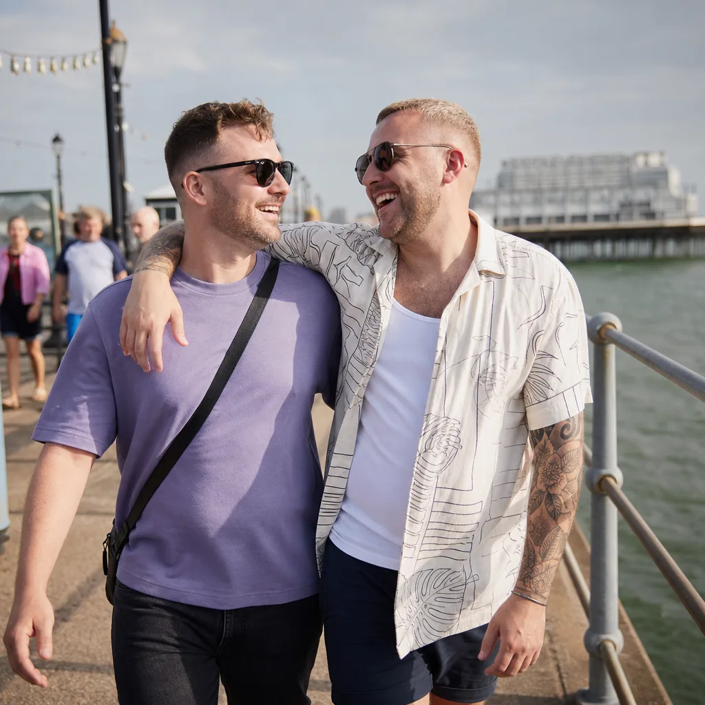 Two men walking near Southend Pier on a bright afternoon