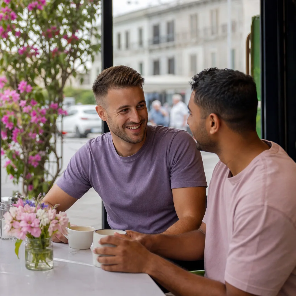 Two gay men meeting for coffee at a busy café in Essex