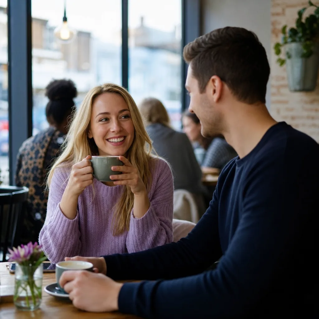 A woman reviewing a dating profile on her phone in an Essex coffee shop