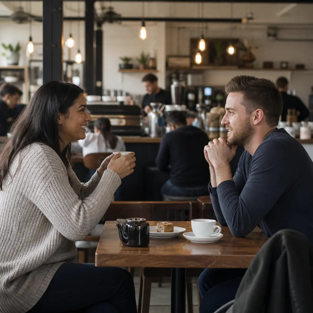 A couple meeting outside a busy café near Romford town centre