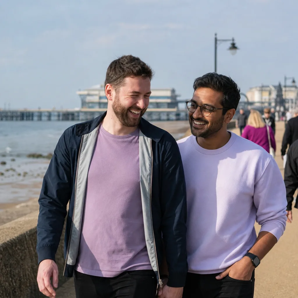 Gay couple having coffee at a public café in Southend-on-Sea