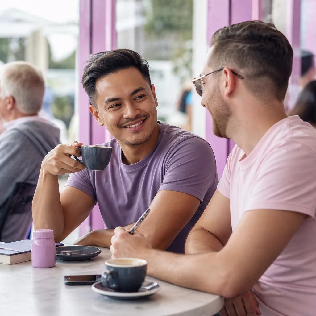 Gay singles talking at an outdoor LGBTQ+ community event in Essex