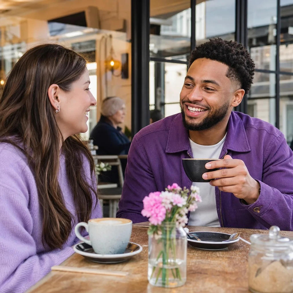 Two adults meeting in a busy public area of Chelmsford