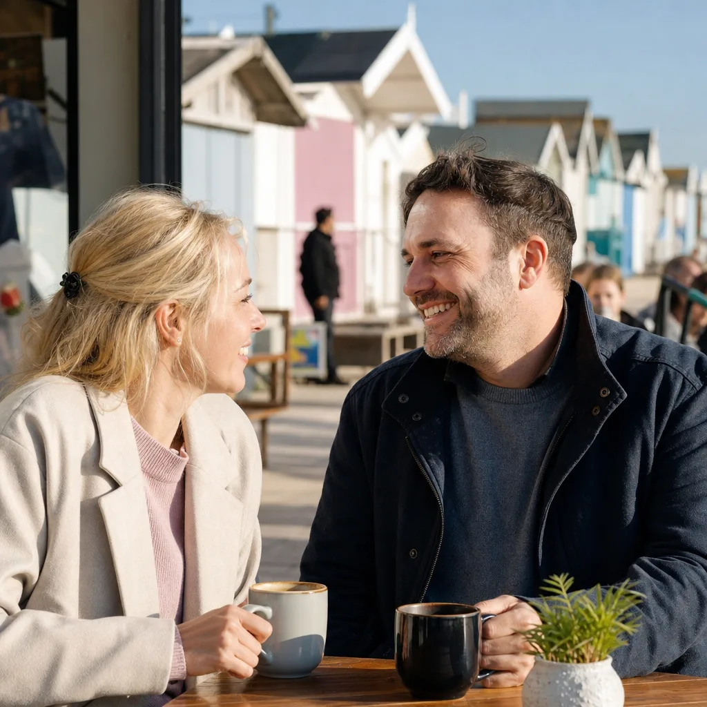 Two adults meeting in a busy public square in Chelmsford