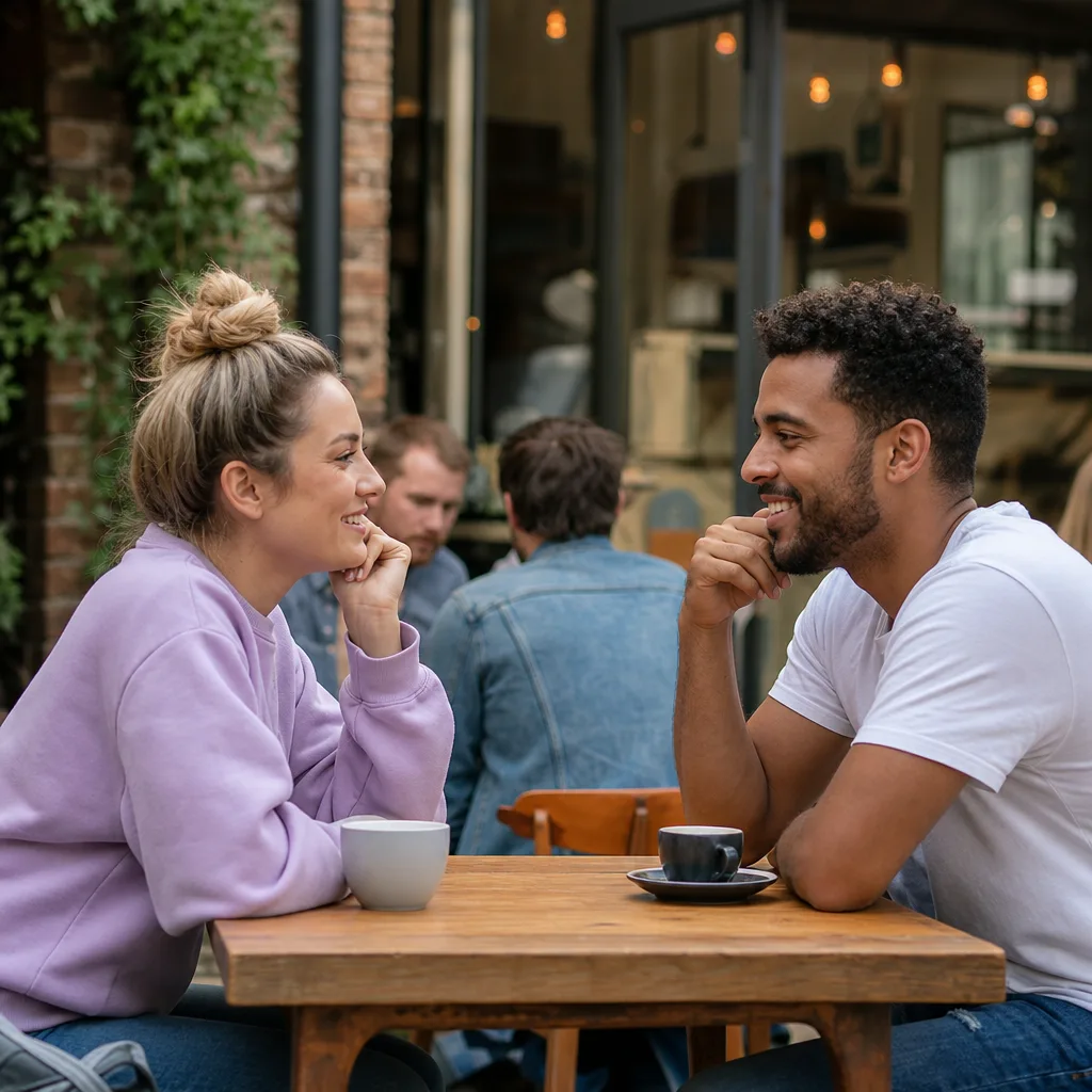 Two adults chatting on a daytime walk through Romford